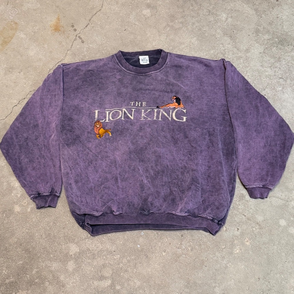 Vintage 90s Disney The Lion King Sweatshirt Unisex L Purple Acid Wash Graphic